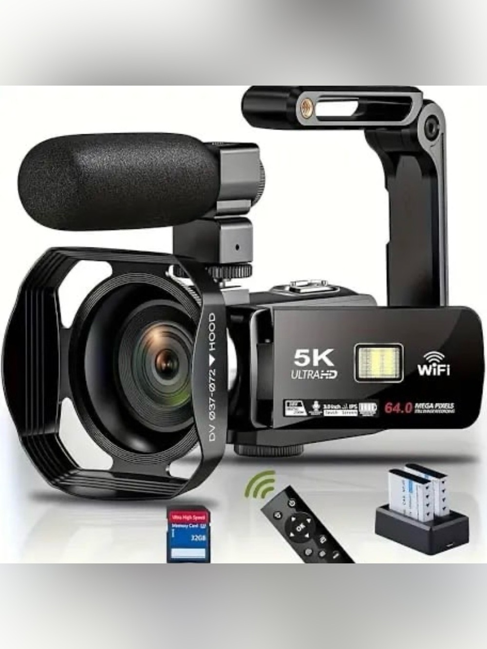 5K Ultra HD Black Video Camera with Handle, Microphone and WiFi